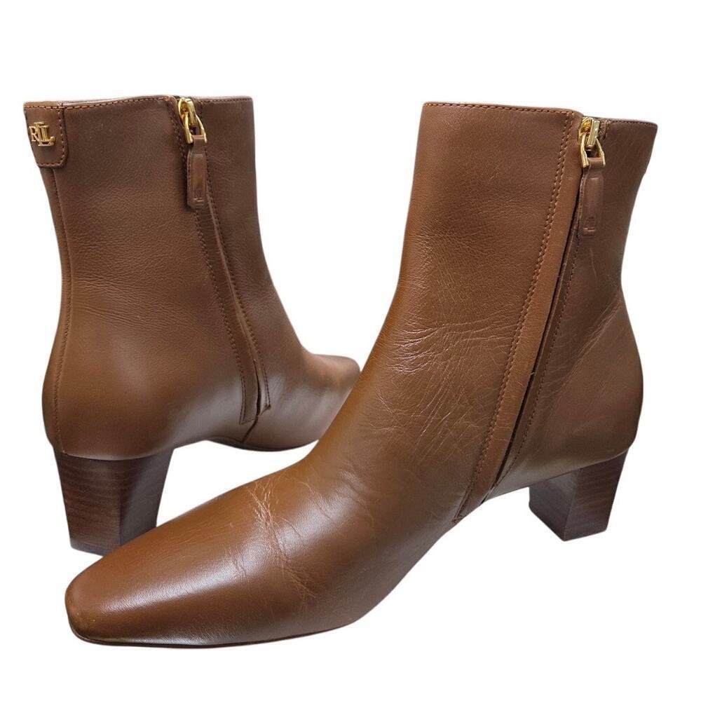 Lauren Ralph Lauren Willa Cognac Brown Leather Bootie — Wood Heel Zip Ankle 9